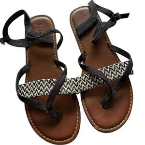 TOMS Women’s Lexie Black Geometric Flat Sandals Size 8.5 Open Toe Embroidered